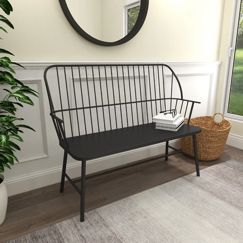 Black Metal Slatted Back Outdoor Bench
