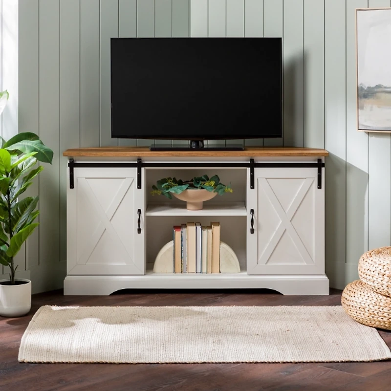 White and Natural Sliding Barn Door TV Stand