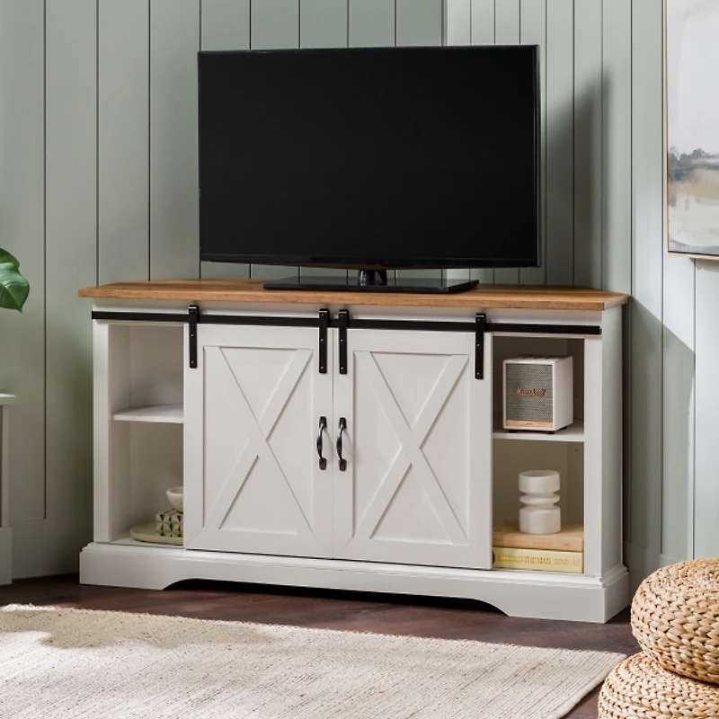 White and Natural Sliding Barn Door TV Stand