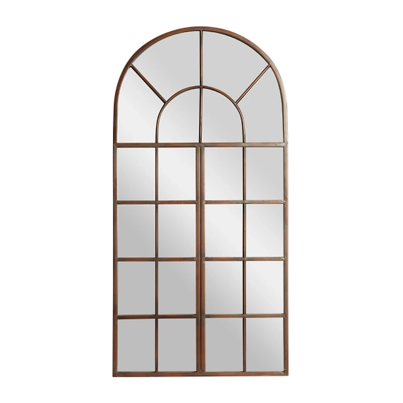 Brown Metal Arch Frame Windowpane Wall Mirror