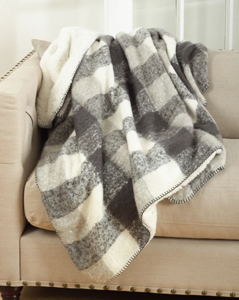 Gray and White Plaid Faux Mohair Sherpa Throw