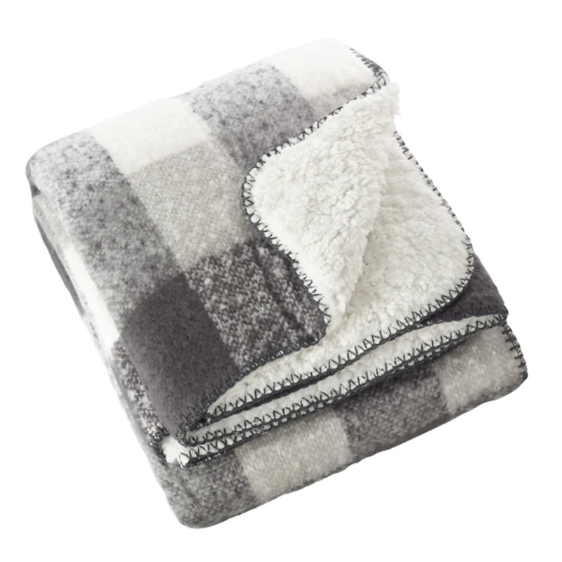 Gray and White Plaid Faux Mohair Sherpa Throw