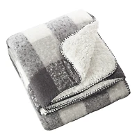 Gray and White Plaid Faux Mohair Sherpa Throw