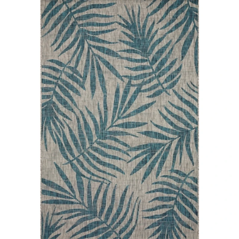 Gray and Aqua Palm Leaves Outdoor Area Rug, 5x7