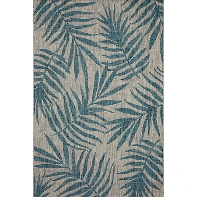Gray and Aqua Palm Leaves Outdoor Area Rug, 7x10