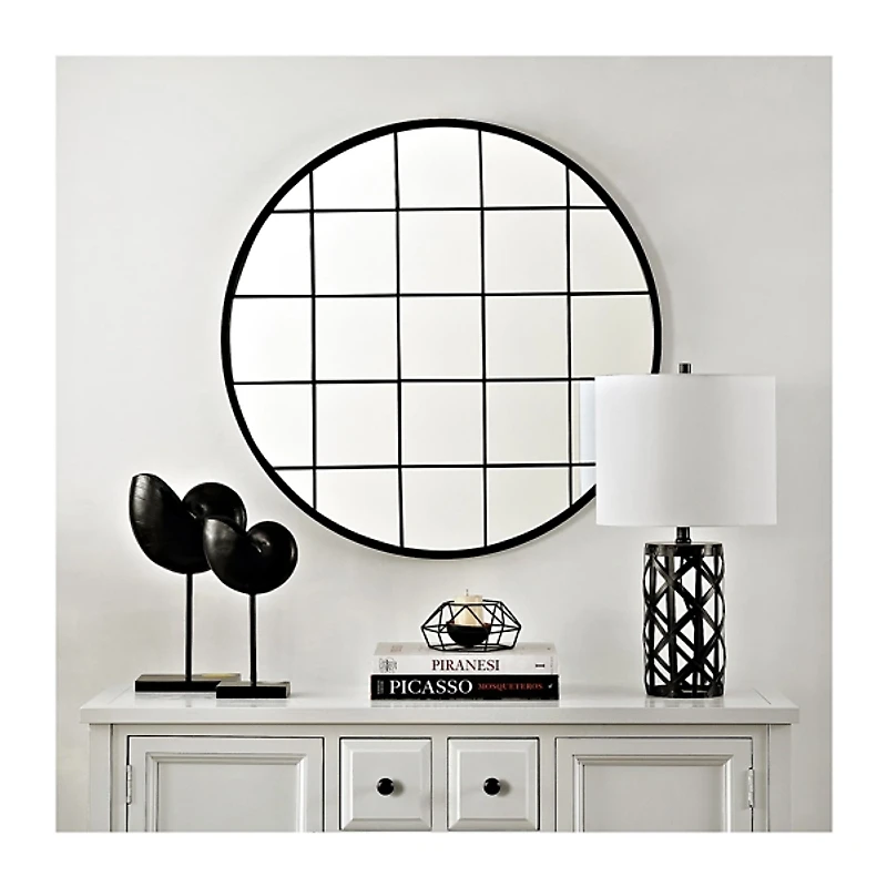 SAFAVIEH Black Metal Grid Frame Round Wall Mirror