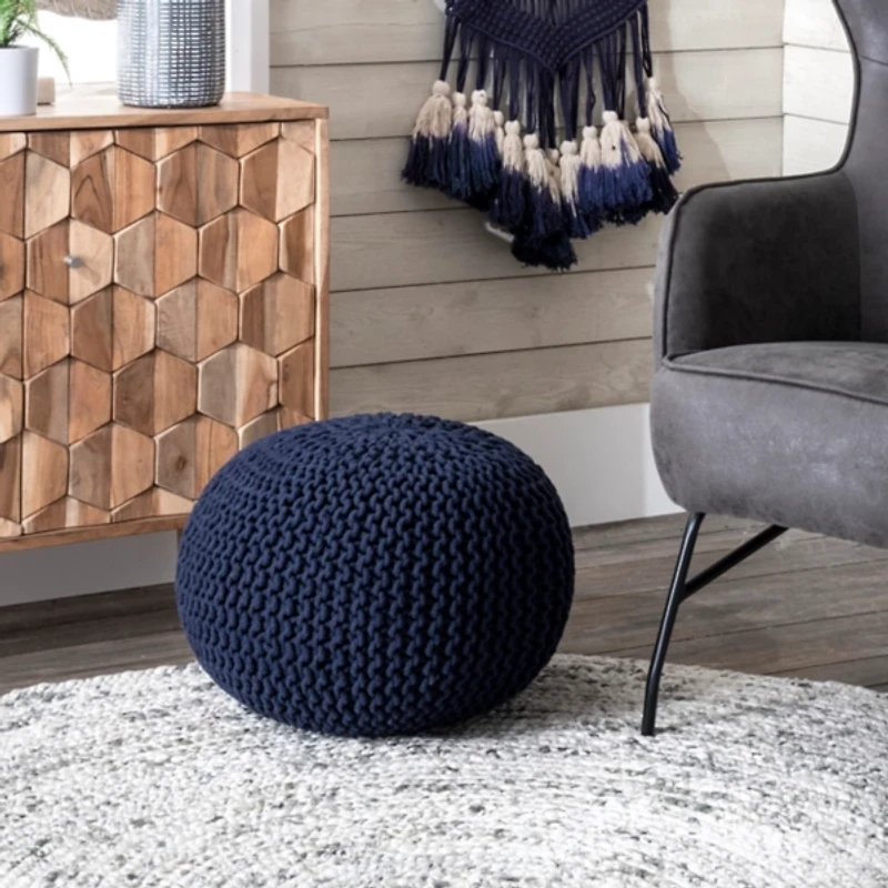 Navy Chain Knitted Round Pouf