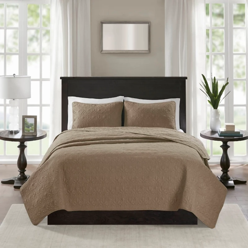 Brown Stitched 3-pc. California King Coverlet Set
