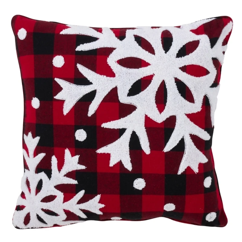 Red Buffalo Check Snowy Snowflake Christmas Pillow