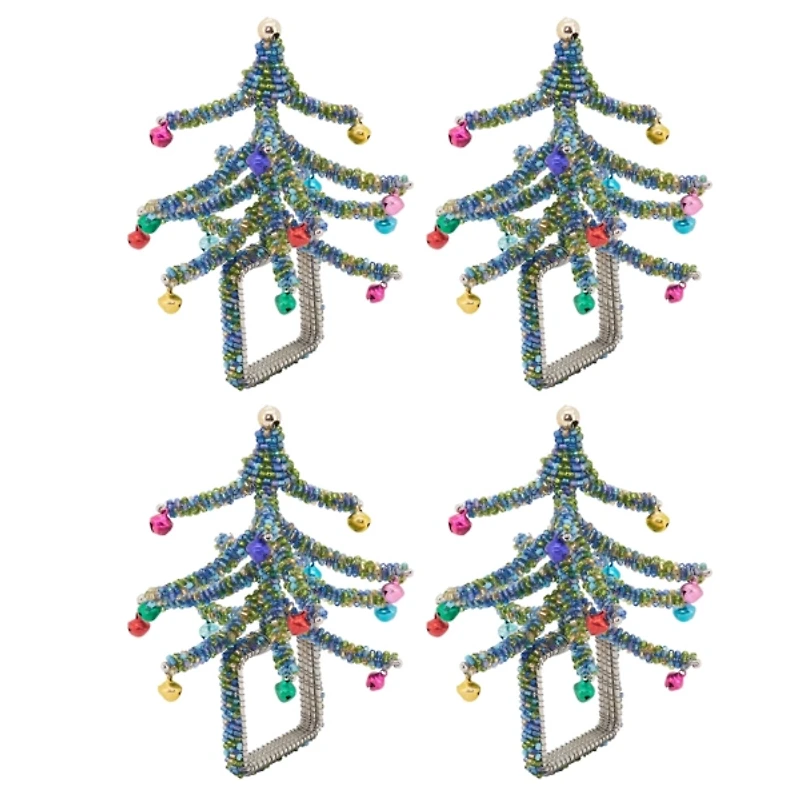 Blue Beaded Christmas Tree Napkin Rings, Set of 4