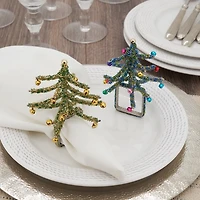 Blue Beaded Christmas Tree Napkin Rings, Set of 4