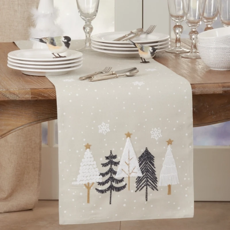 Natural Embroidered Christmas Trees Table Runner