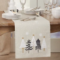 Natural Embroidered Christmas Trees Table Runner