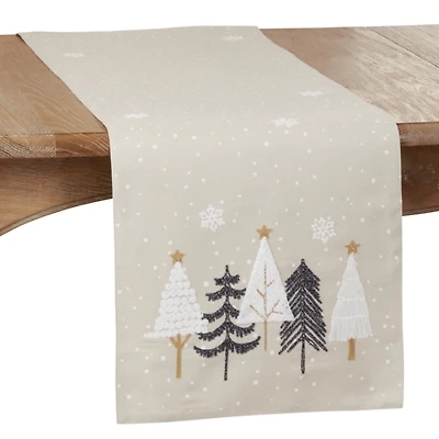 Natural Embroidered Christmas Trees Table Runner