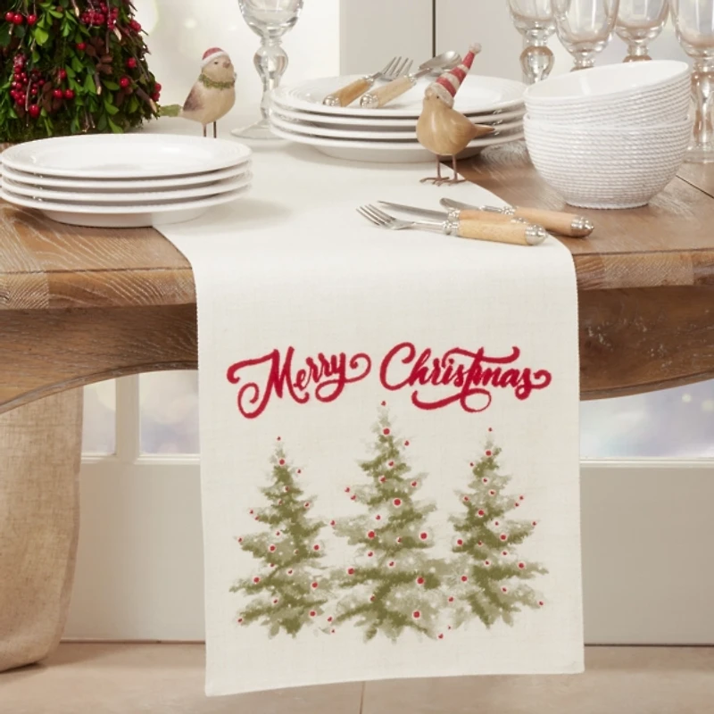 White Merry Christmas Trees Table Runner