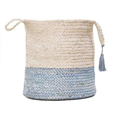 Spa Blue and White Jute Basket with Tassel, 17 in.