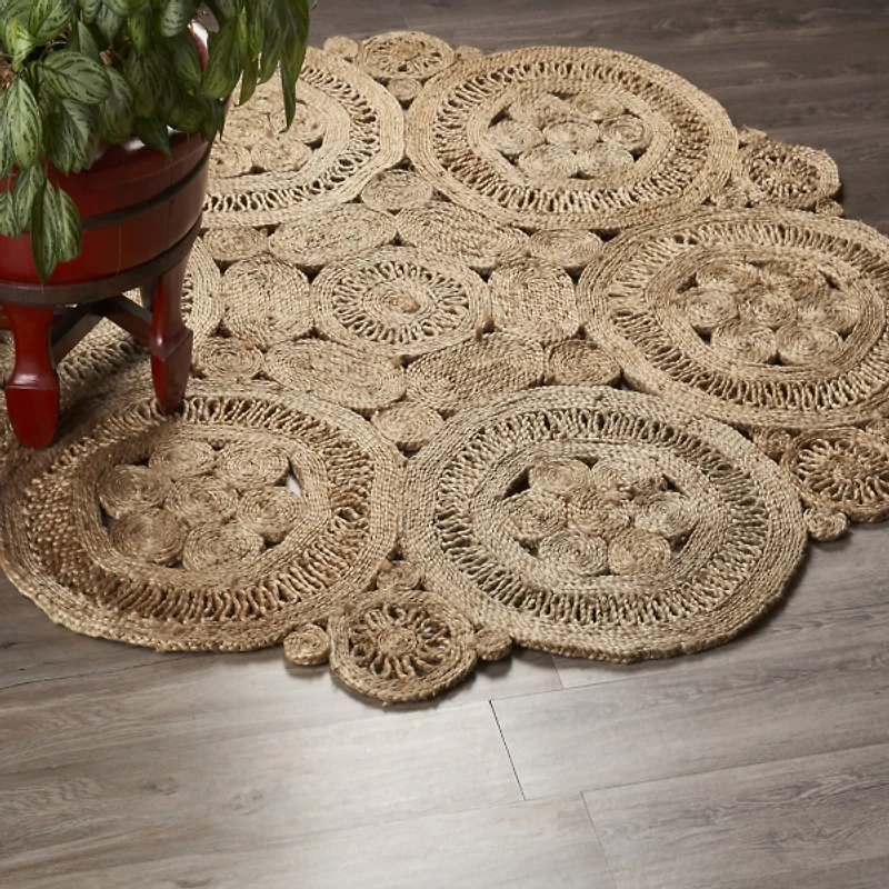 Floral Fantasy Hand Braided Jute Area Rug, 4x4
