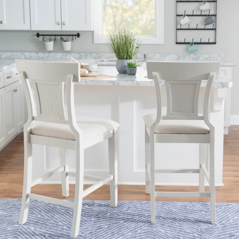 White Wood and Rattan Upholstered Counter Stool