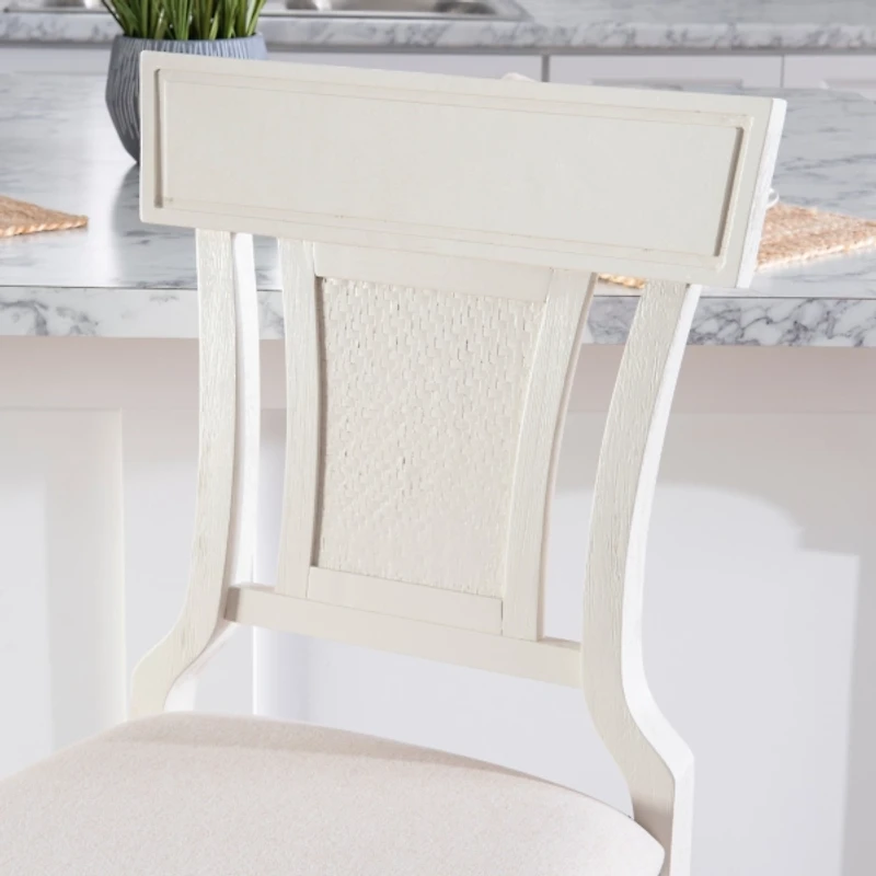 White Wood and Rattan Upholstered Counter Stool