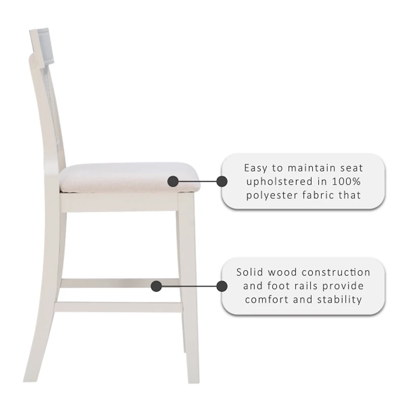 White Wood and Rattan Upholstered Counter Stool