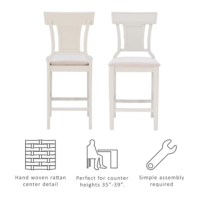 White Wood and Rattan Upholstered Counter Stool