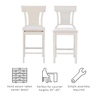 White Wood and Rattan Upholstered Counter Stool