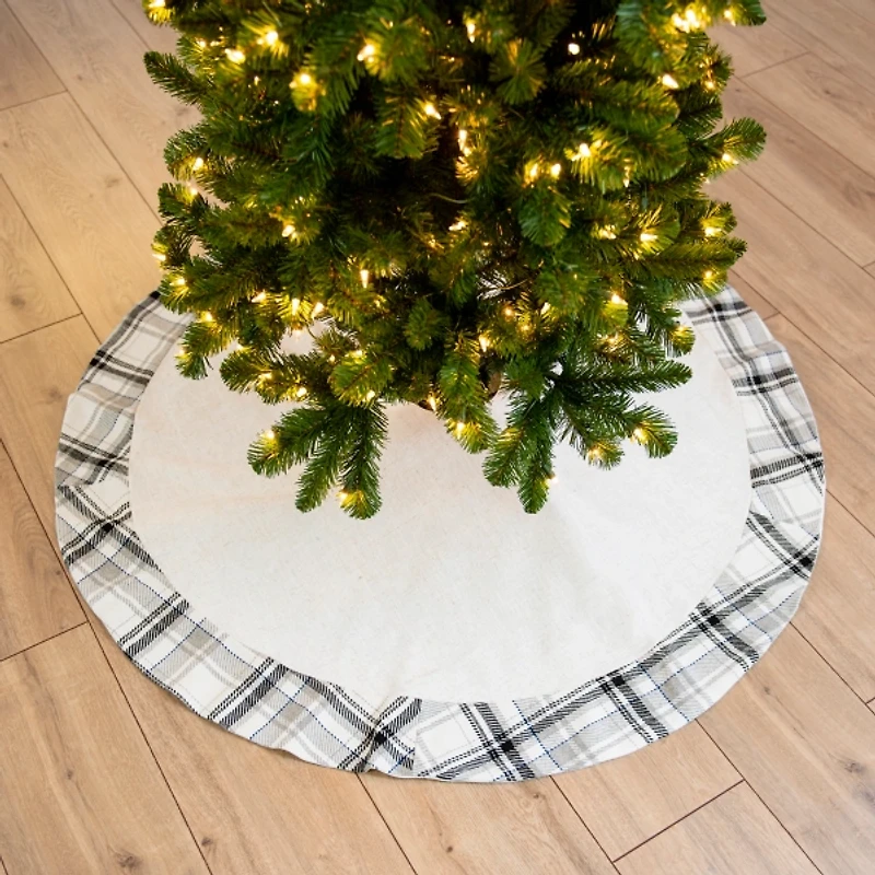 Plaid Trim Linen Tree Skirt