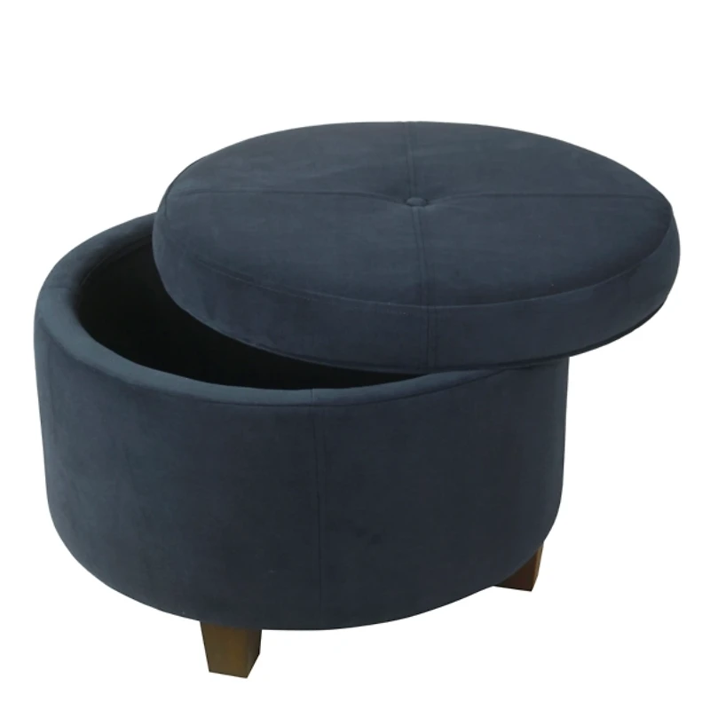 Navy Velvet Upholstered Round Storage Ottoman