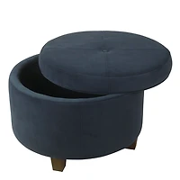 Navy Velvet Upholstered Round Storage Ottoman