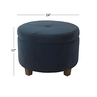 Navy Velvet Upholstered Round Storage Ottoman