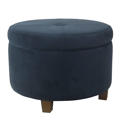 Navy Velvet Upholstered Round Storage Ottoman