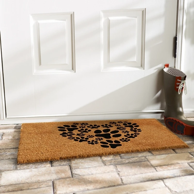 Tan and Black Coir Heart Paws Doormat, 17x29
