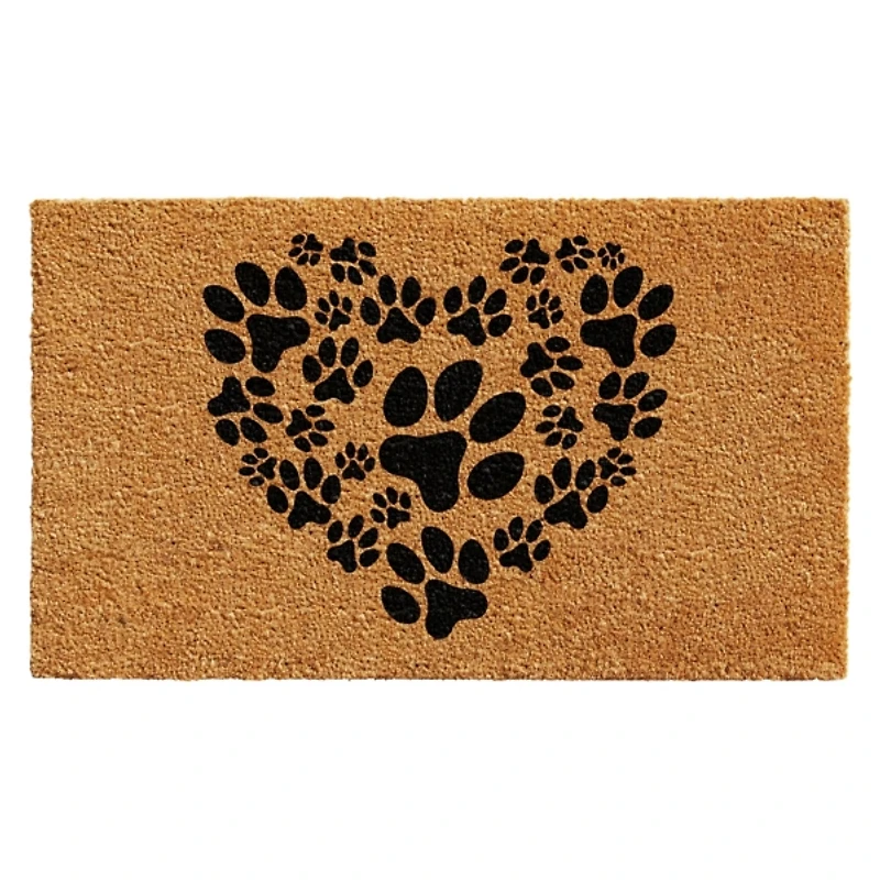 Tan and Black Coir Heart Paws Doormat, 17x29