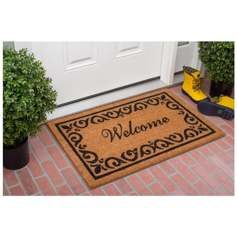Tan and Black Scroll Welcome Doormat, 36x24 in.