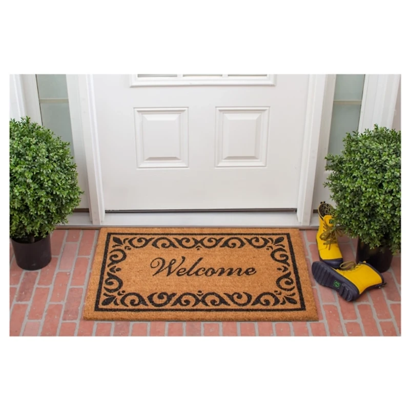 Tan and Black Scroll Welcome Doormat, 36x24 in.
