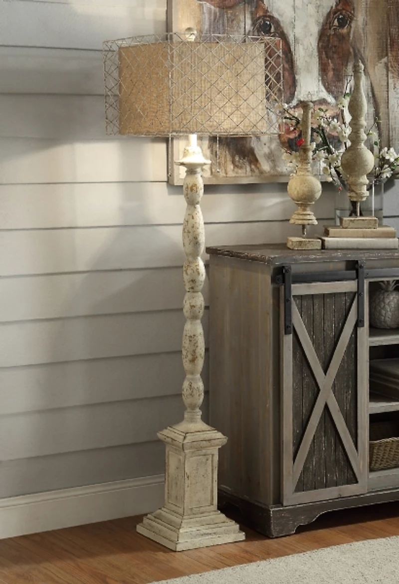 White Distressed Square Caged Floor Lamp