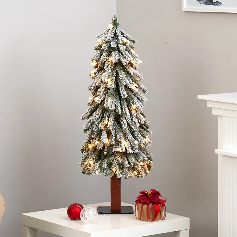 3 ft. Lit Flocked Grand Alpine Trunk Mini Tree