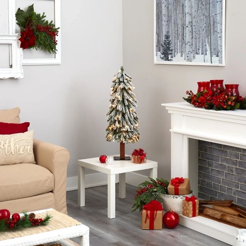 3 ft. Lit Flocked Grand Alpine Trunk Mini Tree