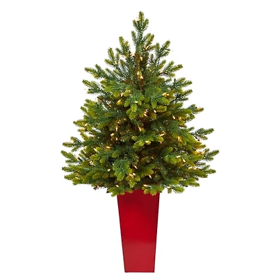 Pre-Lit North Carolina Fir Tree in Red Planter