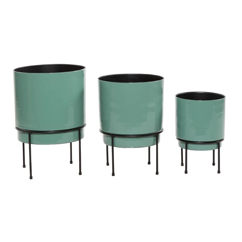 Teal Metal Round Planters with Stands, Set of 3