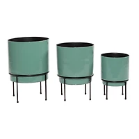 Teal Metal Round Planters with Stands, Set of 3