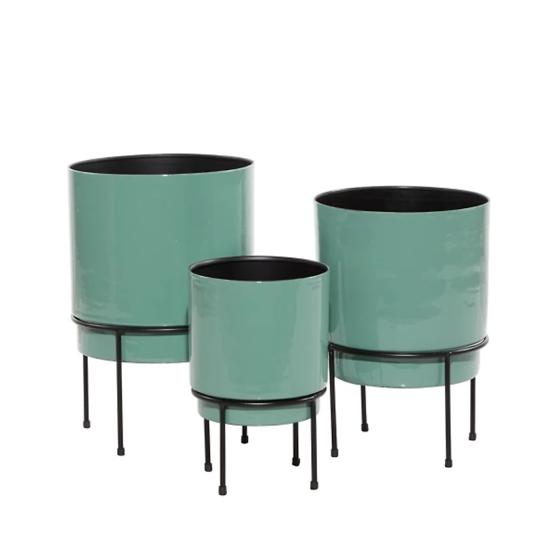 Teal Metal Round Planters with Stands, Set of 3