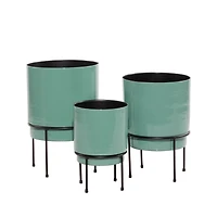 Teal Metal Round Planters with Stands, Set of 3