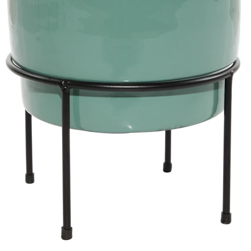 Teal Metal Round Planters with Stands, Set of 3