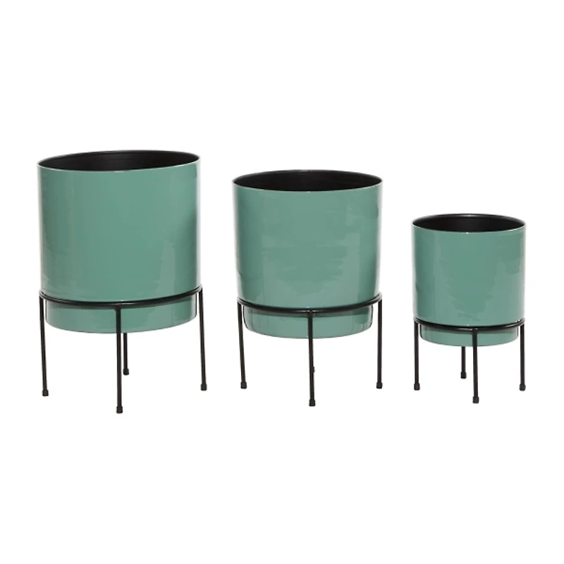 Teal Metal Round Planters with Stands, Set of 3