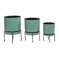 Teal Metal Round Planters with Stands, Set of 3