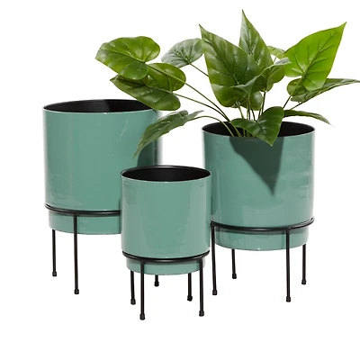Teal Metal Round Planters with Stands, Set of 3
