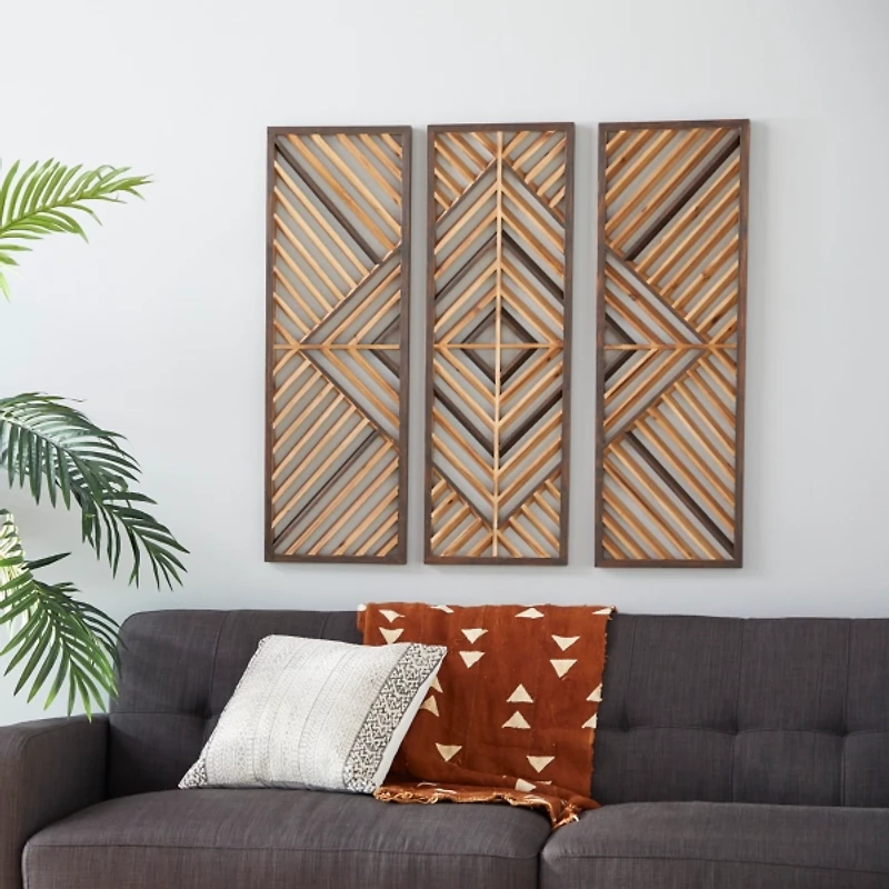 Bronze Tan Wood Geometric Wall Plaques, Set of 3
