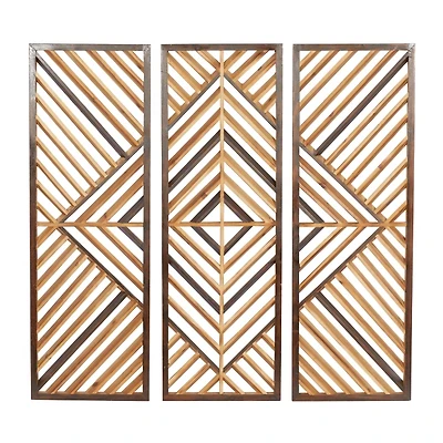 Bronze Tan Wood Geometric Wall Plaques, Set of 3