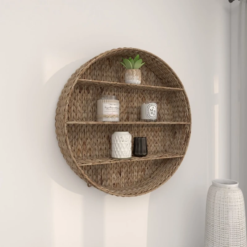 Brown Sea Grass Woven Round Wall Shelf